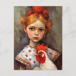 Cartão Postal Garota Adorável com seu frango de estimação