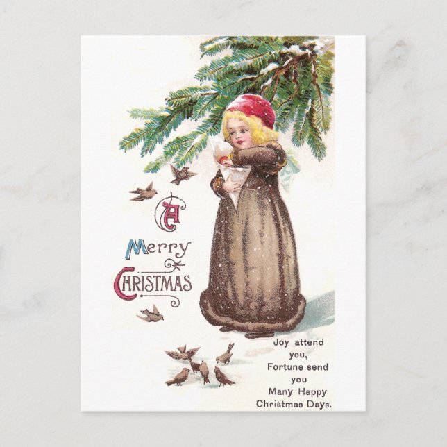 Cartão Postal Garota alimentando pássaros na neve (Frente)