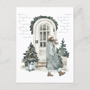 Cartão Postal Garota andando na rua no inverno