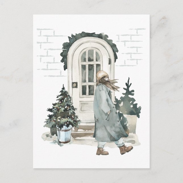 Cartão Postal Garota andando na rua no inverno (Frente)