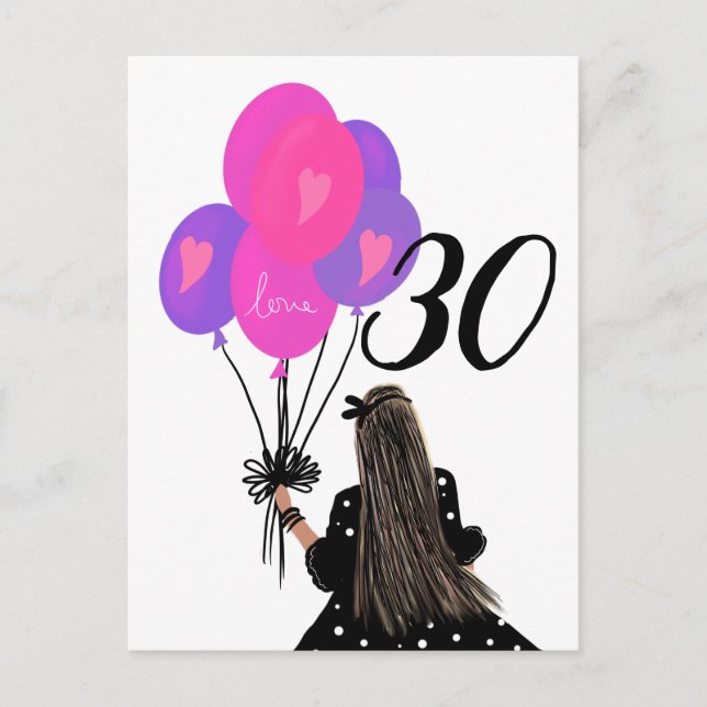 Cartão Postal Garota aniversário de 30 anos com Bunch Balão (Frente)