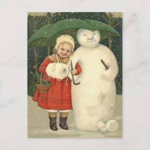 Cartão Postal Garota Boneco de Neve Guarda-chuva Nevasca