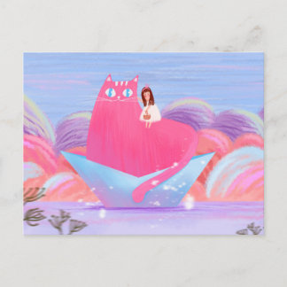 Cartão Postal Garota Bonita e Gato Grande