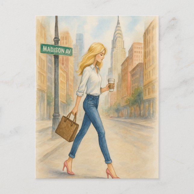 Cartão Postal Garota Chic na Avenida Madison em Nova York (Frente)