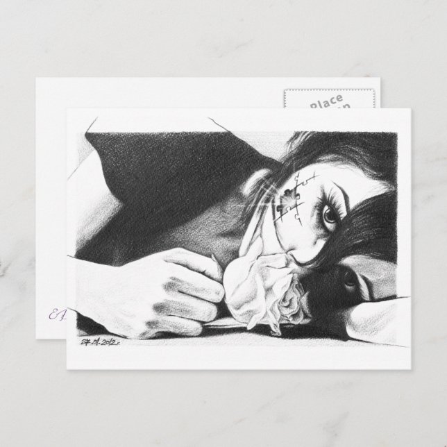 Cartão Postal Garota chorando com arte de desenho surreal rosa (Frente/Verso)