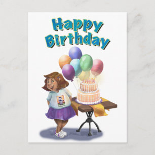 Cartão Postal Garota Colorida de Aniversário do Balão
