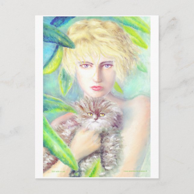 Cartão Postal Garota com gato (Frente)