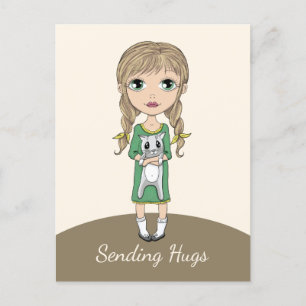 Cartão Postal Garota com Gato Enviando Abraços