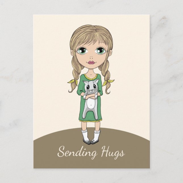 Cartão Postal Garota com Gato Enviando Abraços (Frente)