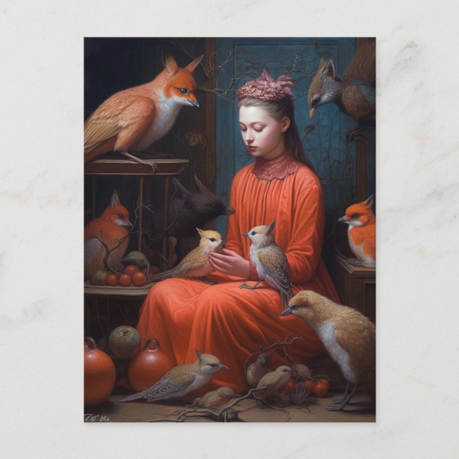 Cartão Postal Garota com Pássaros Estranhos e Loucos (Frente)