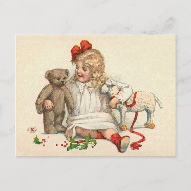 Cartão Postal Garota com Ursinho e Lamb (Frente)