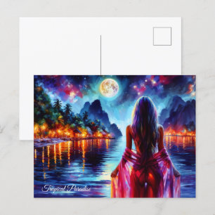Cartão Postal Garota da praia do Dreamy ocean com lua e luzes