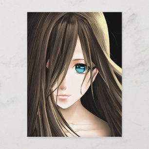 Cartão Postal Garota de anime de cabelo castanho e olhos azuis