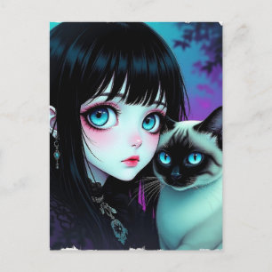 Cartão Postal Garota de Anime e Gato Siames Dizendo Olá