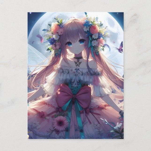 Cartão Postal Garota de Anime Flor Lua Fada (Frente)