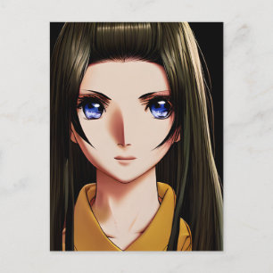 Cartão Postal Garota de Anime Morena de Olhos Azuis Desenho