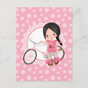 Cartão Postal Garota de Bicicleta de Cabelo Preto - Rosa Branco