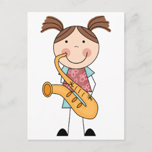 Cartão Postal Garota de Boneco Palito Com Saxofone