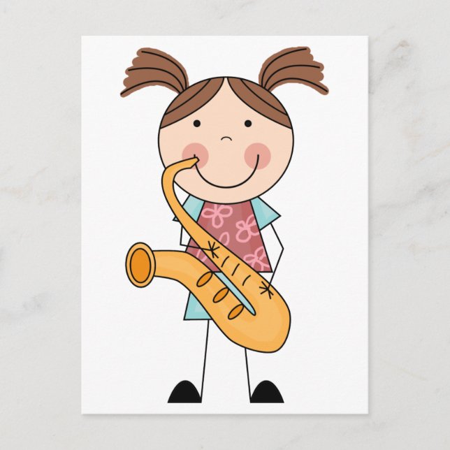 Cartão Postal Garota de Boneco Palito Com Saxofone (Frente)
