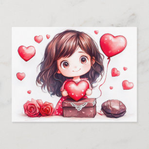 Cartão Postal Garota de Desenho Animado Segurando Coração Românt