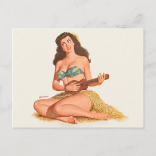 Cartão Postal Garota do Hawaii toca guitarra pequena, tinta, art