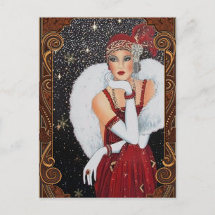 Cartão Postal Garota-Flapper de Natal Céu Noturno Encharcado por