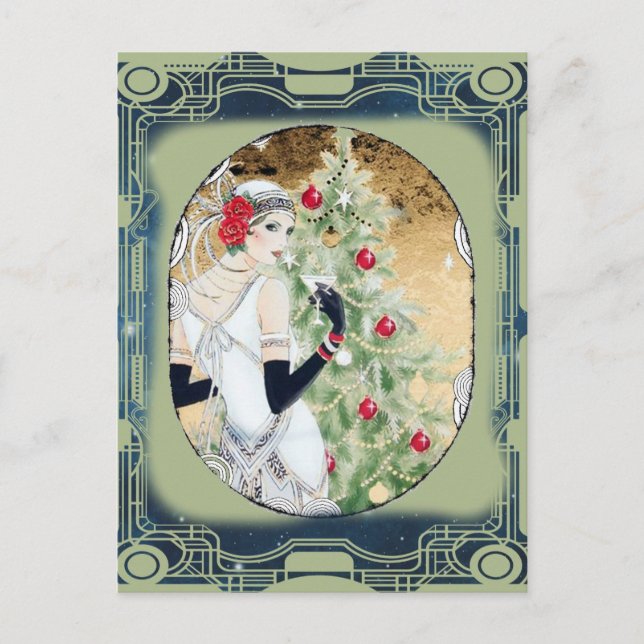 Cartão Postal Garota Flapper de Natal com Bebida e Árvore (Frente)