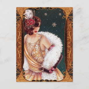Cartão Postal Garota Flapper de Natal em um Vestido Dourado Bril