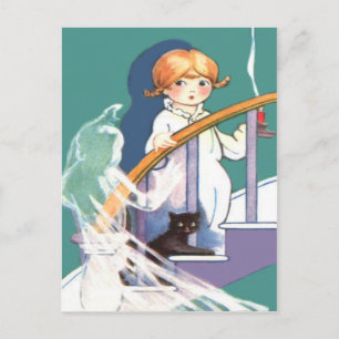 Cartão Postal Garota Fofa Gato Preto Fantasma Ghoul