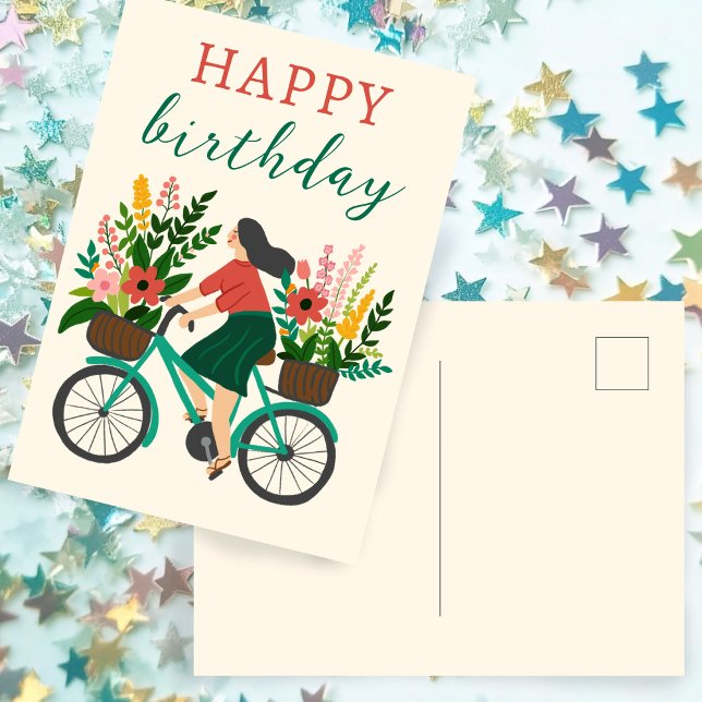 Cartão Postal Garota Fofo Andando de Bicicleta com Flores Feliz  (Cute Girl Riding Bicycle w Flowers Happy Birthday Postcard
)