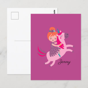 Cartão Postal Garota Fofo de Cabelo Laranja Montando um Unicórni