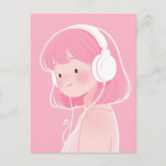 Cartão Postal Garota Fofo de Cabelo Rosa Ouvindo Música