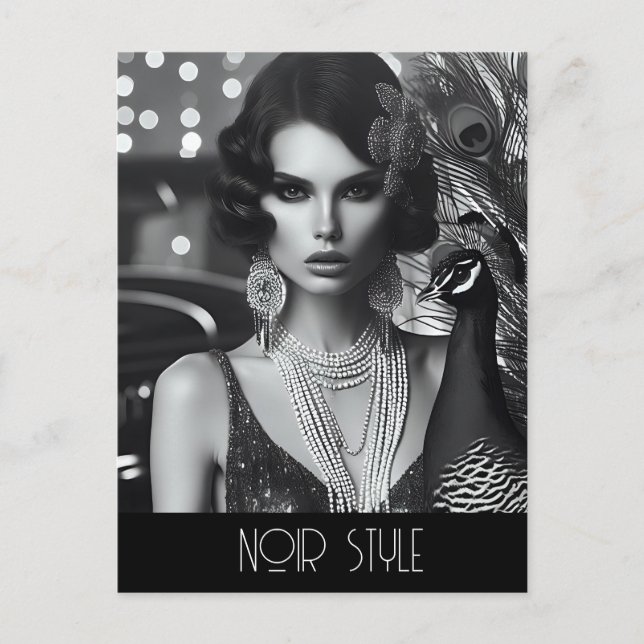 Cartão Postal Garota glamorosa retrô vintage com pavão (Frente)