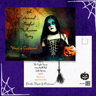 Cartão Postal Garota Gótica Assustadora e Festa de Halloween de 