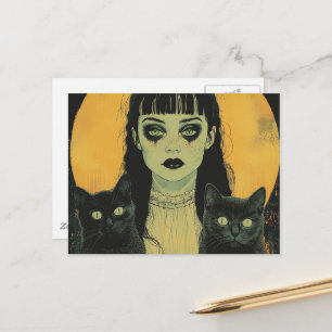 Cartão Postal Garota Gótica Com Dois Gatos Pretos