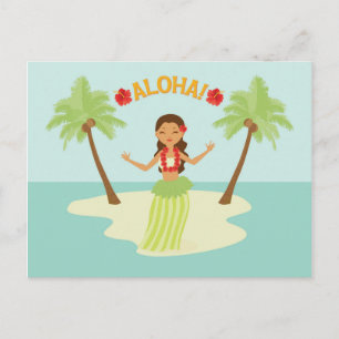 Cartão Postal Garota Havaiana do Luau com Palmeiras Ilha Fofa