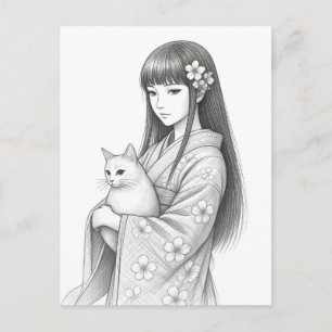 Cartão Postal Garota Japonesa com um Gato Branco