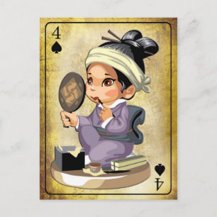 Cartão Postal Garota japonesa em kimono aplicando maquiagem