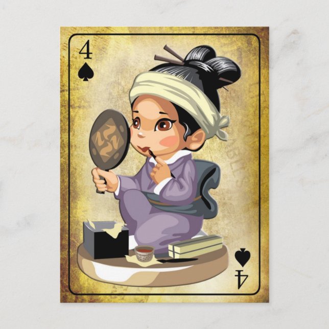 Cartão Postal Garota japonesa em kimono aplicando maquiagem (Frente)