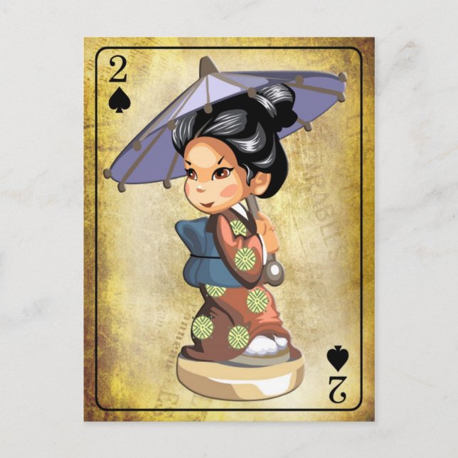 Cartão Postal Garota japonesa em kimono segurando um guarda-chuv (Frente)