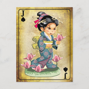 Cartão Postal Garota japonesa em quimono colhendo flores de lót