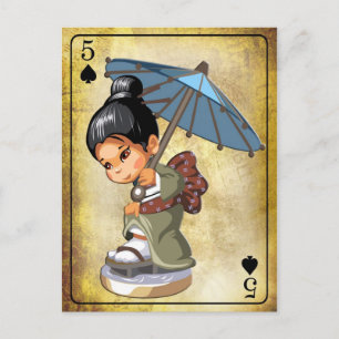 Cartão Postal Garota japonesa em quimono inspecionando seu calça