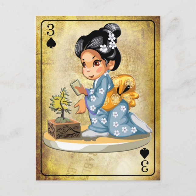 Cartão Postal Garota japonesa em quimono regando uma árvore bons (Frente)