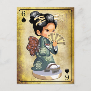 Cartão Postal Garota japonesa em quimono segurando fã