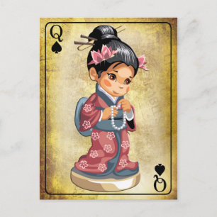 Cartão Postal Garota japonesa em quimono segurando um colar de p