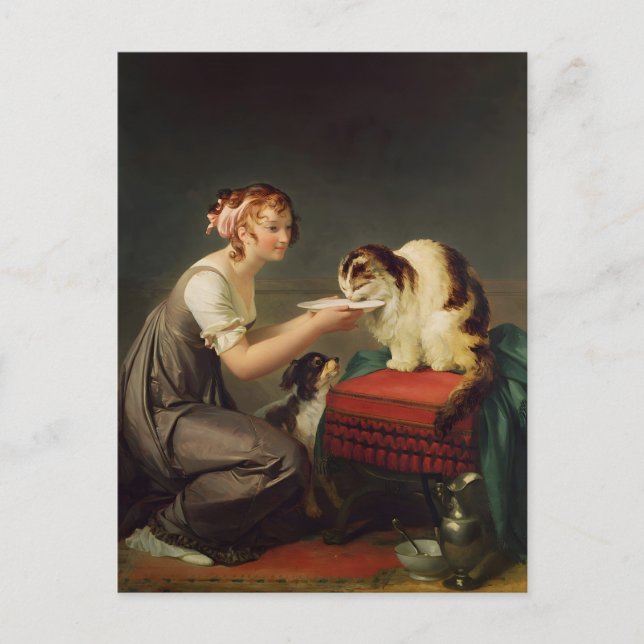 Cartão Postal Garota Jovem Dando Leite à Sua Arte Gato (Frente)