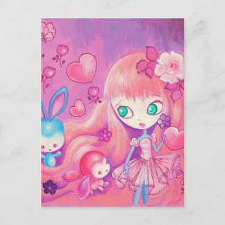 Cartão Postal Garota Kawaii com coelhos bonitos