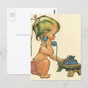 Cartão Postal Garota Loura-Justa Vintage falando no Toy Phone