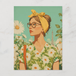 Cartão Postal Garota Parisiense da Primavera com Margaridas