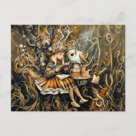 Cartão Postal Garota pequena com coruja em uma Tree Root House